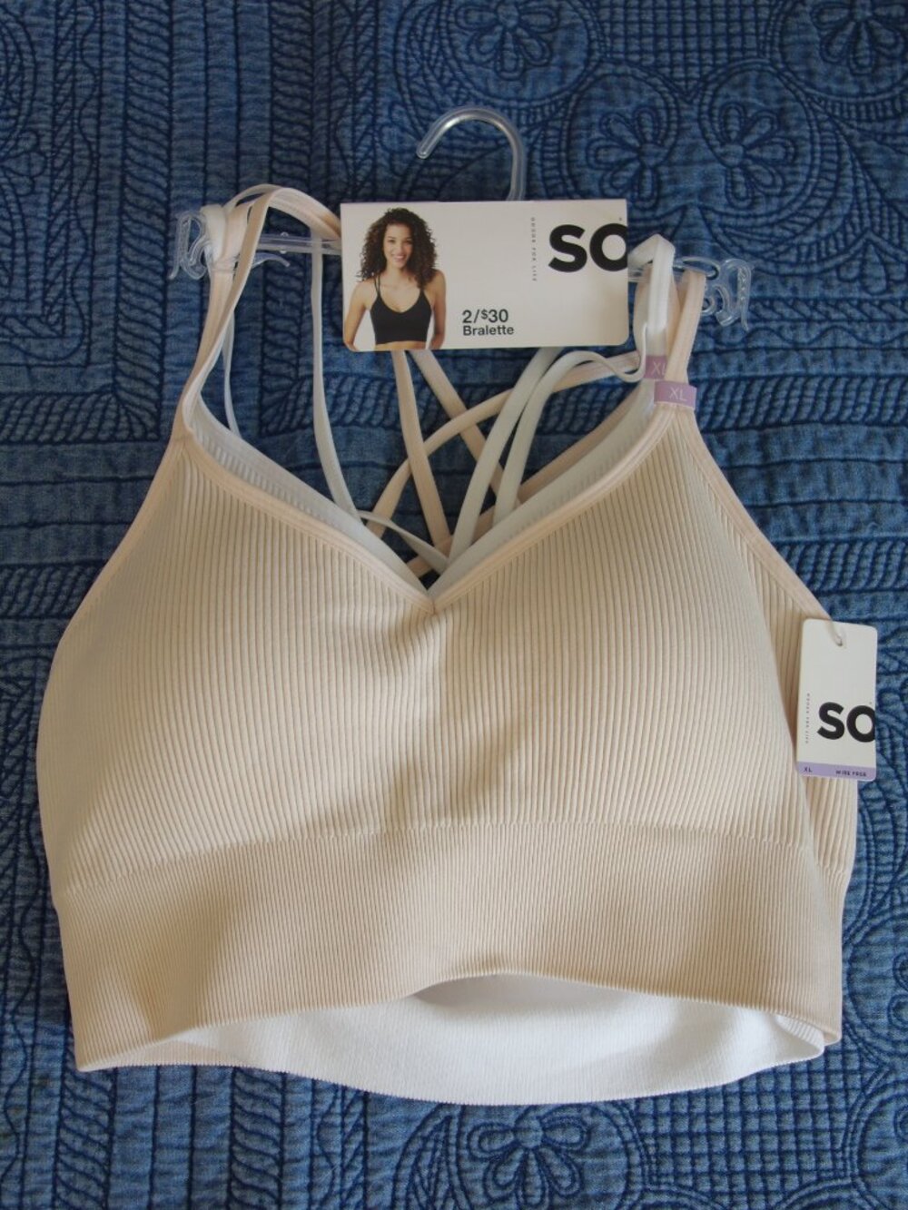 SO 2-Pack Lightly Lined Strappy Seamless Bralette Set White Cream (XL/38B) NWT!